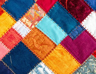 A colorful patchwork fabric texture with a unique, geometric pattern and a woven feel.
