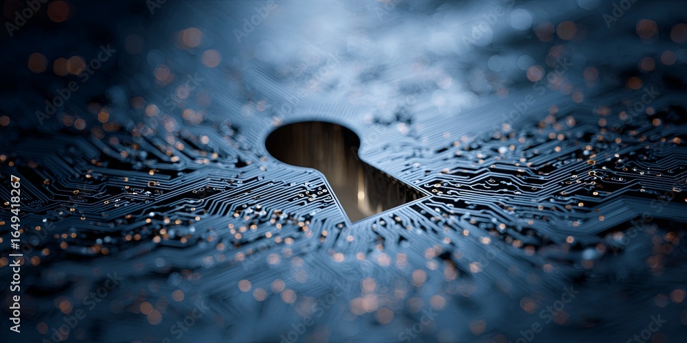 Poster abstract technology illustration featuring a digital circuit board with a keyhole symbol representin
