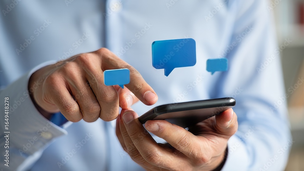 Aufkleber man using smartphone for messaging app with chat bubbles communication concept
