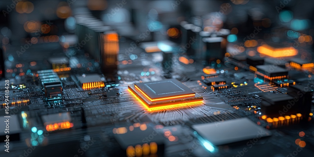 Poster futuristic circuit board with microchip and neon lights in a technological environment