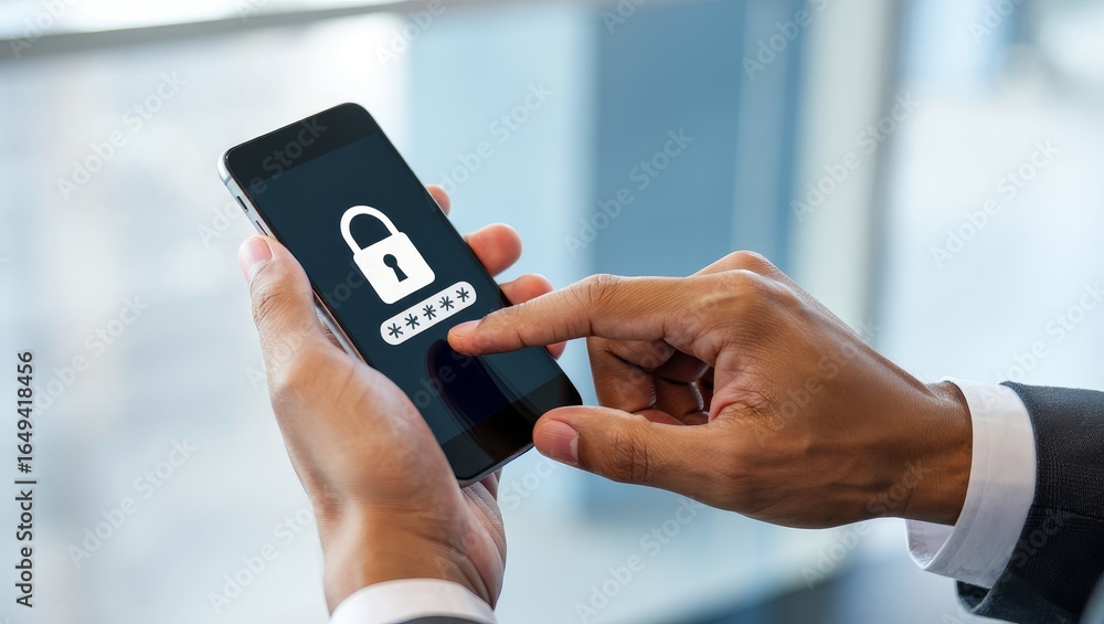 Poster mobile security authentication entering password on smartphone for data protection