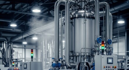 Fototapeta premium Inside a modern insectprotein powder plant a tall spraydrying tower with metallic pipes and valves efficiently drying liquid protein extract.