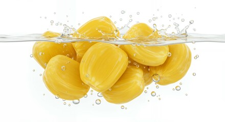 Fresh golden jackfruit chunks splashing into clear water creating bubbles at surface, tropical fruit photography for wellness marketing