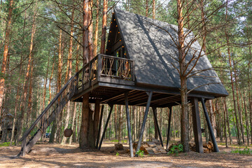 Unique A-frame treehouse situated among pine trees with elevated deck and cozy ambiance. Perfect...