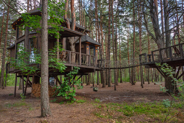 A charming wooden treehouse among tall trees in a forest setting. Concepts of eco-living,...