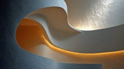 curved white plaster architecture with golden hour rim light and haze