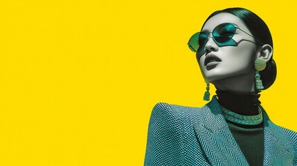 Stylish woman in sunglasses, confident pose, modern fashion statement, vibrant background, perfect for fashion branding.