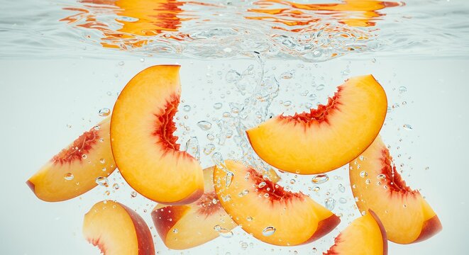Juicy peach slices underwater with bubbles and water ripples creating fresh summer fruit concept for organic beverage and healthy lifestyle advertising