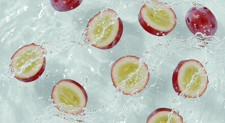 Red grape slices splashing underwater with dynamic water movement and bubbles for wine juice beverage and fresh organic fruit commercial photography concept
