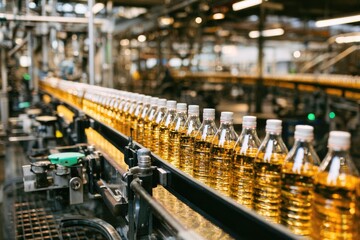 Automated bottling line with clear plastic bottles filled with light yellow liquid