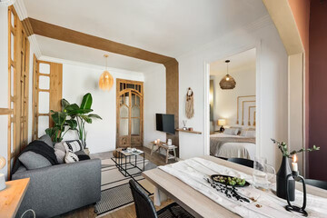 Modern luxury apartment interior in minimal scandinavian style, 3d rendering