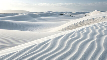 Expansive white sand dunes with rippling patterns under a soft sky