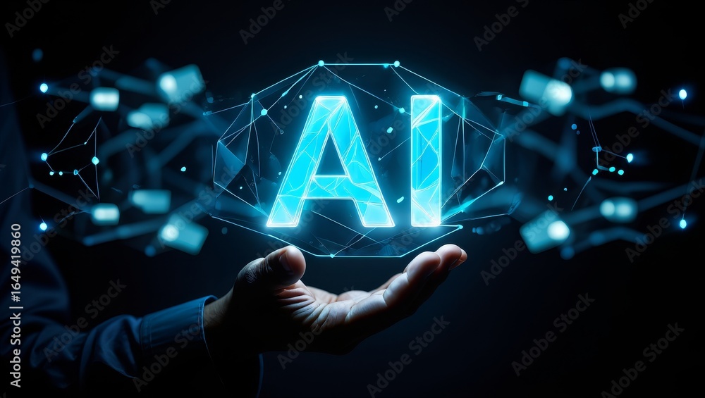 Poster ai artificial intelligence technology concept hand holding glowing ai network tech
