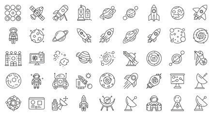 Astronomy and space exploration icon set. Thin line editable stroke icons for astrophysics, planets, rockets, astronauts, solar system, satellites, galaxies and outer space observation science
