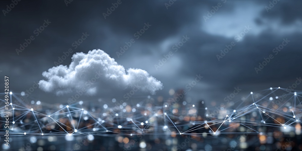 Poster conceptual illustration of cloud computing with data connections and digital cityscape elements