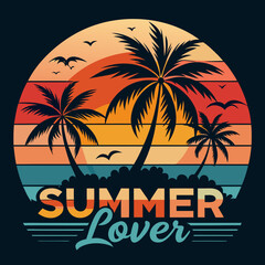 Obraz premium Vintage tropical sunset vector design with bold 'Summer Lover' text, palm trees silhouette, ocean waves, and vibrant retro colors – perfect for t-shirt prints, summer beach posters, travel graphics, a