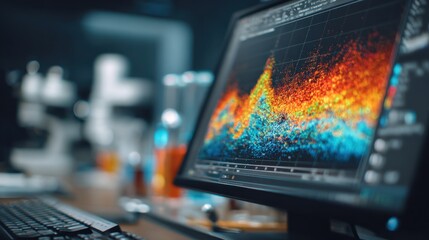Medium shot capturing a computer screen featuring dynamic AI analysis of mRNA codon usage heatmap vivid gradients standing out blurred scientific tools in background.