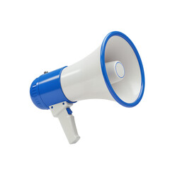 A blue and white portable megaphone with a handle used for amplifying sound and communication isolated on transparent background