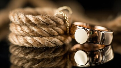 Rose gold ring nestled in rope