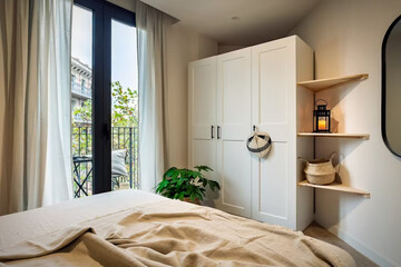 Modern luxury bedroom interior in minimal scandinavian style, 3d render