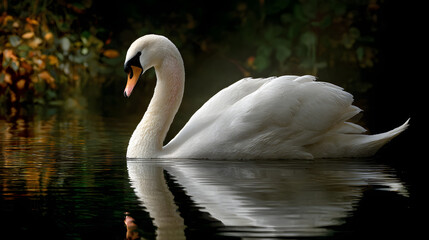 Naklejka premium Serene Swan Elegance: A Graceful Bird Glides Across the Rippling Waters of a Peaceful Pond, Embodying Tranquility and Natural Beauty in a Picturesque Setting