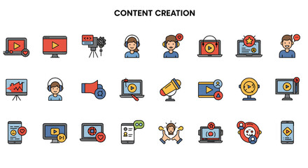 Content creator icon set. Video editing, content strategy, youtuber, blogger, monetization, podcast, live streaming, social network, subscribe and more. Solid vector icons collection minimal
