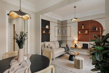 Modern luxury apartment interior in minimal scandinavian style, 3d rendering