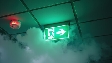 Bright green exit sign illuminated in smoky environment, indicating clear path to safety. atmosphere feels urgent and dramatic