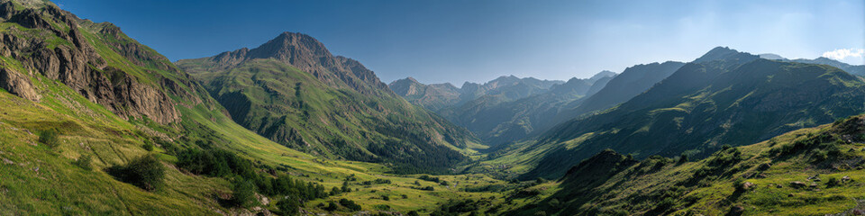 Naklejka premium Exploring majestic mountain landscapes alpine valleys panoramic views serene nature outdoor adventure