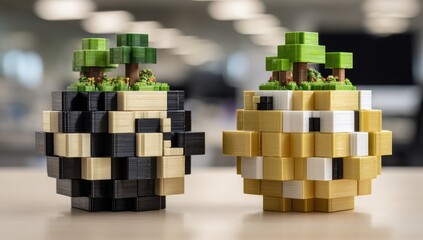 Pixelated heads with miniature landscapes. Two 3D-printed spheres, one black and white, the other light beige/yellow, each topped with a small pixelated forest scene