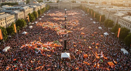 Large crowd fills a city square, waving orange banners during a political rally.