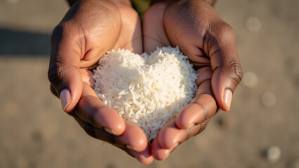 Hands holding rice in heart shape, symbolizing love and nourishment. image conveys warmth and care through act of sharing food