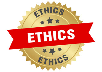 ethics. ethics round red and gold label isolated on transparent background