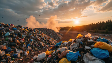 Sunset over landfill site, showcasing piles of waste and plastic bags, with birds flying sky. scene evokes sense of environmental concern