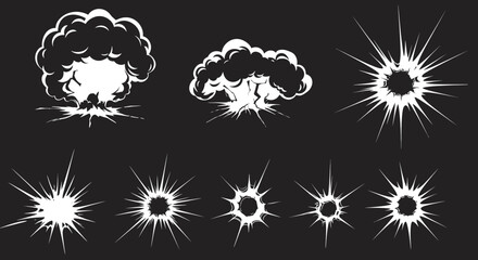 Explosion, crack, and bullet hole silhouettes in vector style. Damaged glass, shattered impact, and burst effects ideal for comic books, gaming, digital art, and action theme graphic design projects

