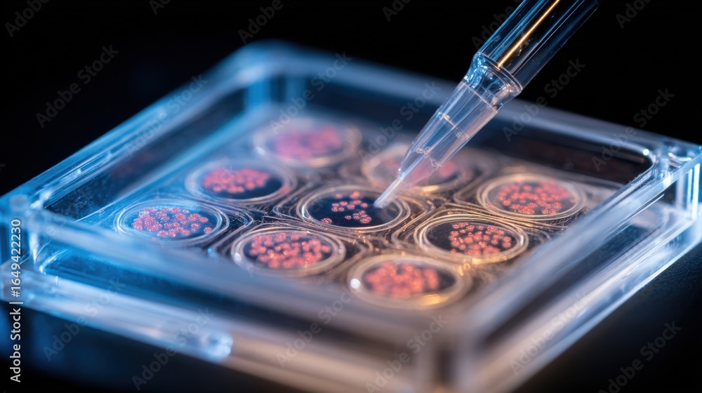 Poster a microscopic view of a single organoid within a chip illustrating cellular interactions and morphol