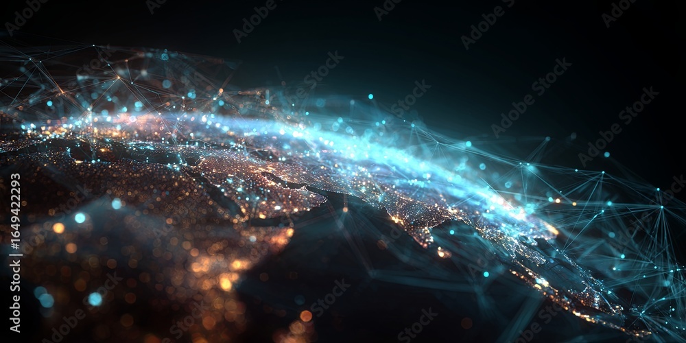 Poster futuristic global network visualization with bright connections and earth representation in dark bac