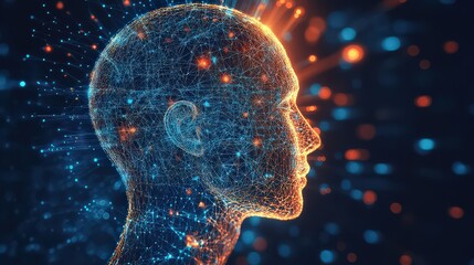 Digital human head with glowing network connections and vibrant bokeh background elements in blue and orange