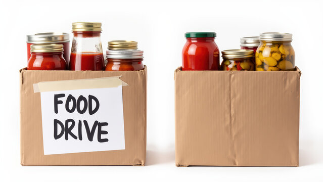 Food drive box filled with jars of sauces and pickled vegetables, promoting community support and generosity