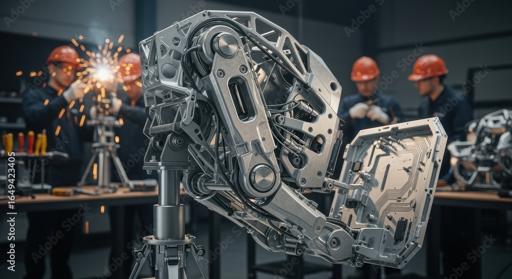 Poster steel framework of a heavy industrial exoskeleton prototype mounted on an adjustable support stand d