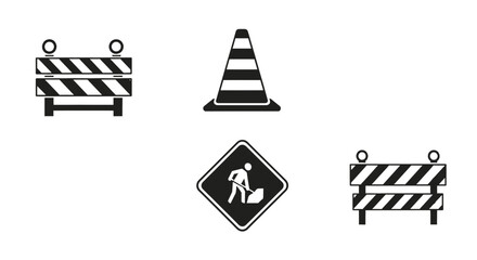 Traffic barrier, safety cone, road sign, and barricade icon in silhouette.
