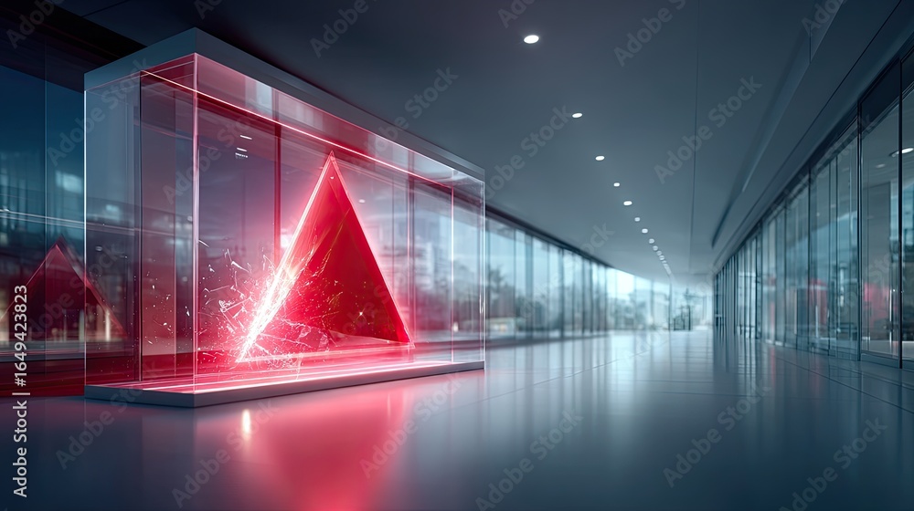 Poster a futuristic screen with a red alert triangle and broken security patterns, warning of a system vuln