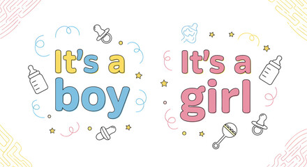 It's a boy, It's a girl, newborn baby gender reveal ,vector graphic elements with text in pink, yellow and blue color tones and cute minimal linear graphic elements in the background
