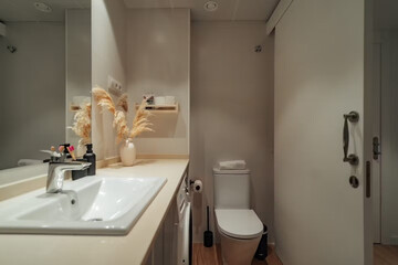 Modern bathroom interior in minimal scandinavian style, 3d render