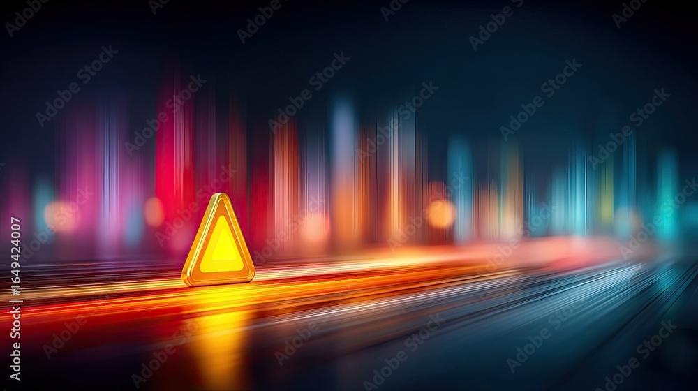 Poster cyber alert symbol flashing over data streams in a dark, high-tech setting showing risk of digital i