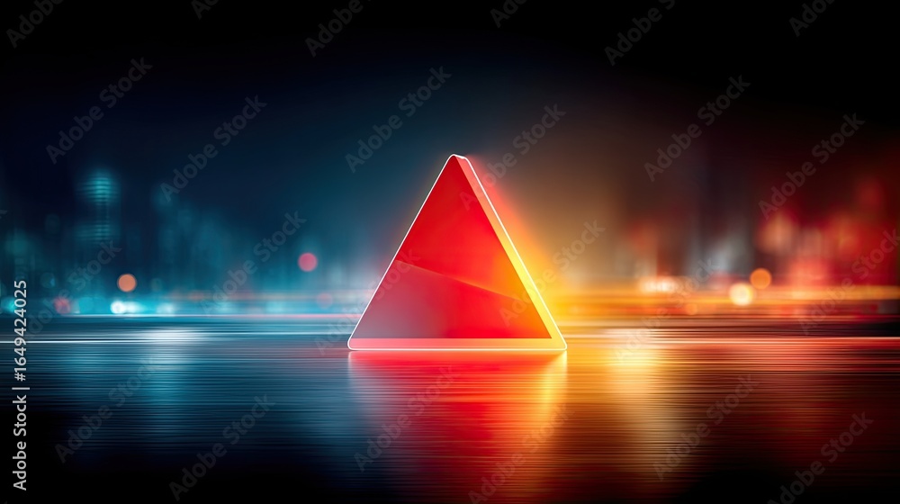 Poster cyber grid with a blinking triangle warning icon surrounded by digital interference effects, represe