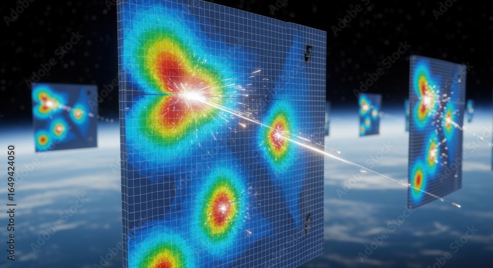 Poster computational model overlay illustrating stress points on shielding panels subjected to hypervelocit
