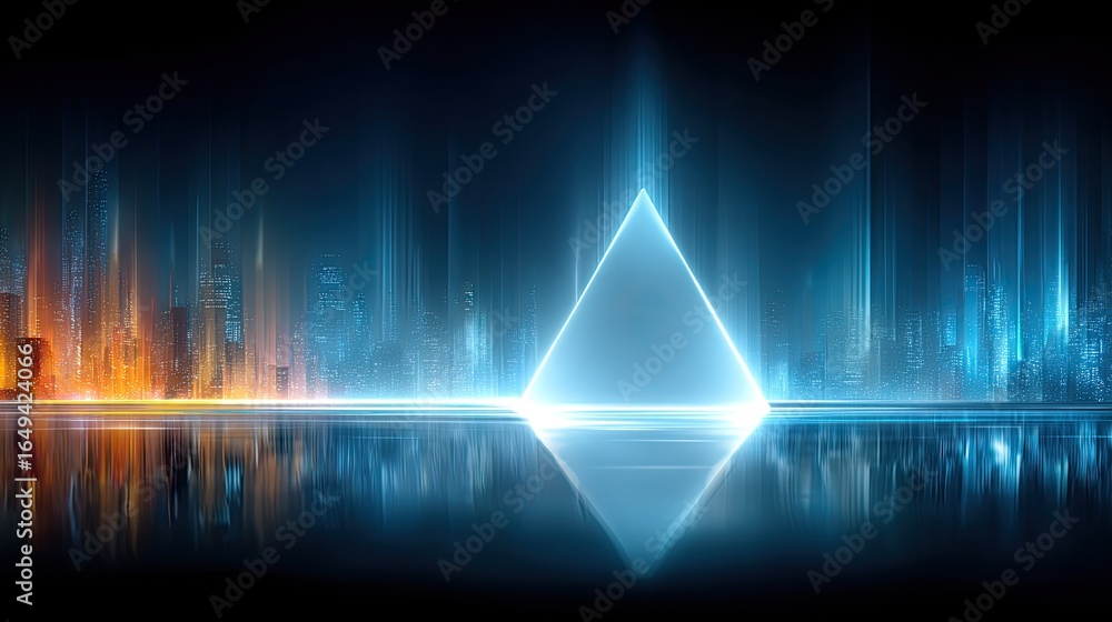Poster cyber grid with a blinking triangle warning icon surrounded by digital interference effects, represe