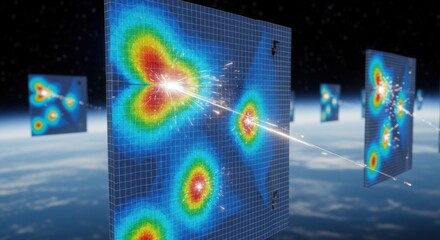 Computational model overlay illustrating stress points on shielding panels subjected to hypervelocity impacts from orbital debris.