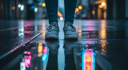 Fototapeta premium person standing wet street city lights reflections